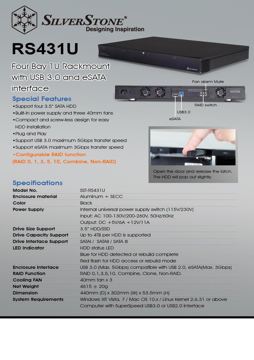 SilverStone RS431U Rackmount Festplattengehäuse 4x 3,5" USB 3.0 schwarz