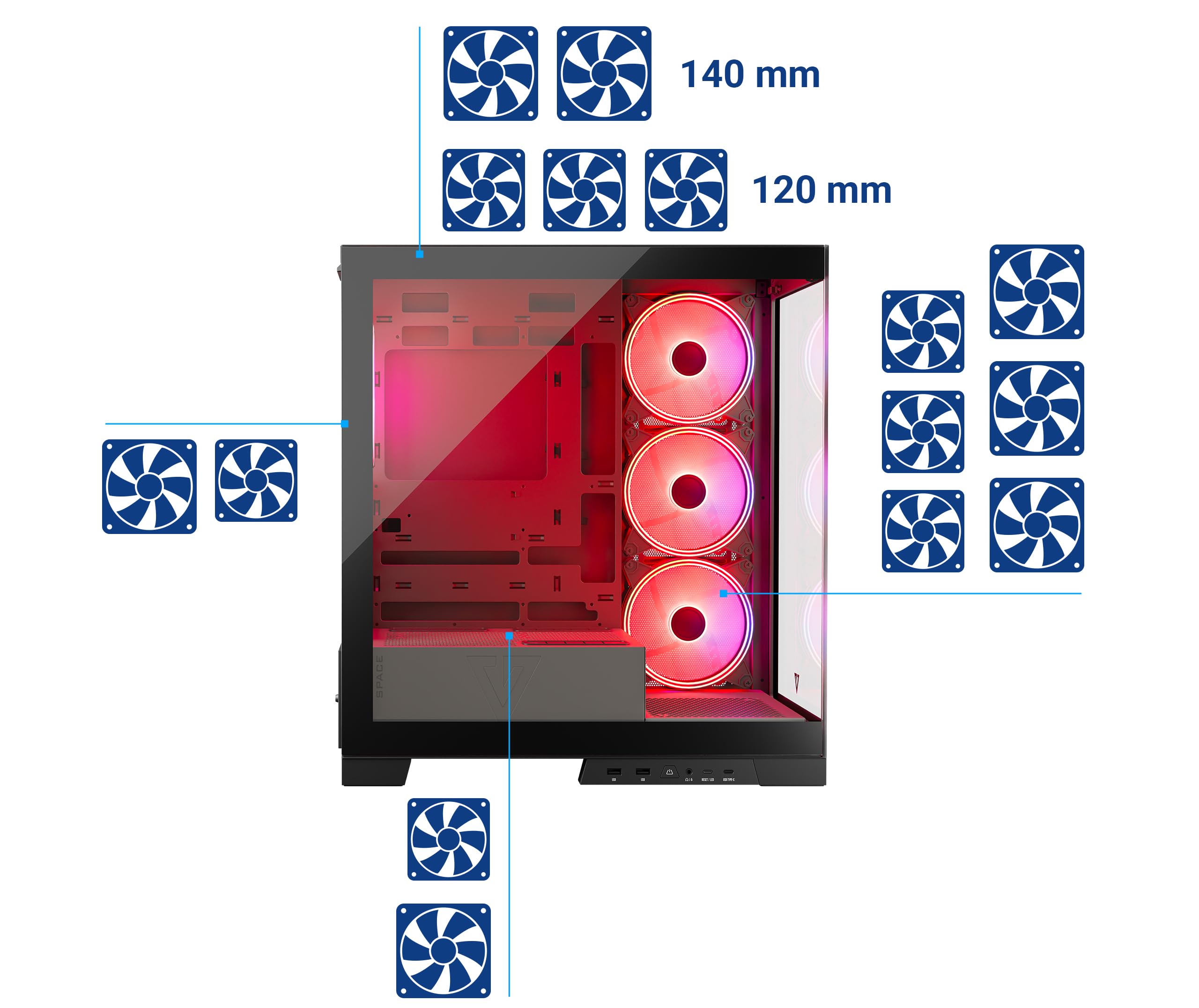 Modecom Volcano Space Midi Tower PC-Gehäuse Schwarz Glas