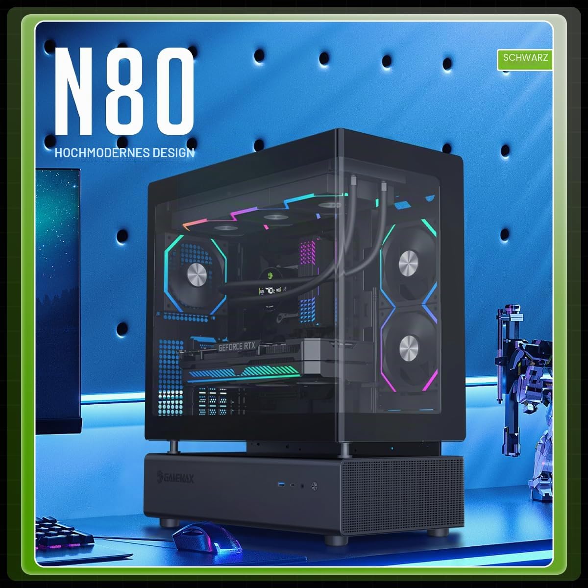 GAMEMAX N80 BK Midi Tower PC-Gehäuse schwarz Panoramaglas